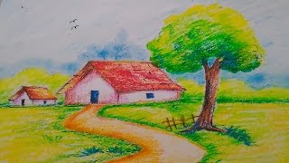 Landscape in Oil pastelEasy Drawing For Kids [upl. by Ttenaej954]