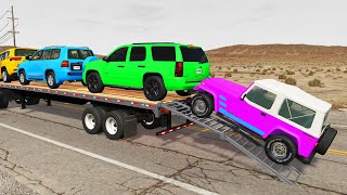 Double Flatbed Trailer Truck vs Speedbumps Train vs Cars  Tractor vs Train BeamngDrive 28 [upl. by Gentille]