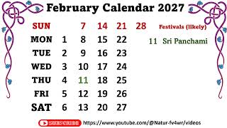 February Calendar 2027  february2027calendar [upl. by Nitsud]