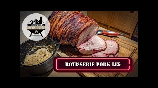 Pork leg roast on a Weber kettle with the Weber rotisserie with killer apple stuffing sauce [upl. by Zita208]