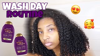 WASH DAY ROUTINE  OGX  BIOTIN amp COLLAGEN SHAMPOO AND CONDITIONER  THICK AND FULL CURLY HAIR [upl. by Nosro338]