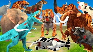 Giant Tiger Attacks 🐅 Cow Cartoon Elephant Kong vs TRex Fight Woolly Mammoth vs Woolly Rhino Tiger [upl. by Tnecnivleahcim]