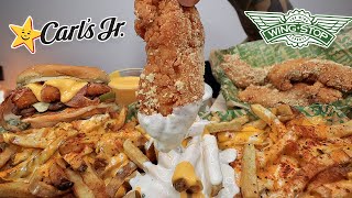 MUKBANG EATING WINGSTOP SAUCY VOODOO FRIES GARLIC PARMESAN CHICKEN CARLS JR EL DIABLO BURGER ASMR [upl. by Dalis670]