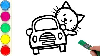 Cat in Car Picture Drawing Painting Coloring for Kids and Toddlers  Learn Animals amp Vehicles [upl. by Ettenirt288]