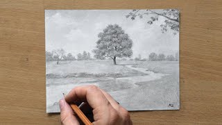 Landscape Drawing Graphite Pencil Sketch [upl. by Kannry350]