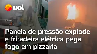 Caos em pizzaria panela de pressão explode e fritadeira pega fogo em MG vídeo flagra momento [upl. by Neztnaj900]