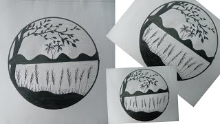 Mountain and River Landscape Drawing  Easy Pencil Drawing Landscape Drawing in a circle drawing [upl. by Annoif]