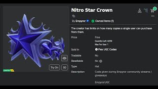 Claiming the Nitro Star Crown UGC Limited  Roblox [upl. by Buyers]