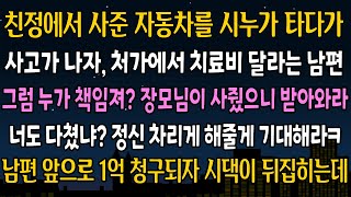 실화 사연 친정에서 사준 자동차를 시누가 타다가 사고가 나자 처가에서 치료비 받아오라는 남편 그 즉시 남편 앞으로 1억원이 청구되자 대반전이 벌어지는데ㅋㅋ [upl. by Valley]