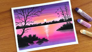 Easy Oil Pastel Pink Sunset Landscape Painting for beginners  Oil Pastel Drawing [upl. by Ecienal]