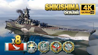 Battleship Shikishima Thriller on map Okinawa  World of Warships [upl. by Udella]