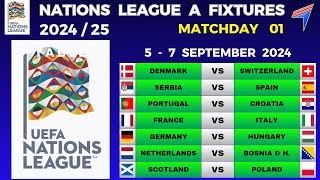 UEFA NATIONS LEAGUE A Fixtures  Matchday 1 Group 1 2 3 4  UEFA NATIONS LEAGUE 202425 [upl. by Karli]