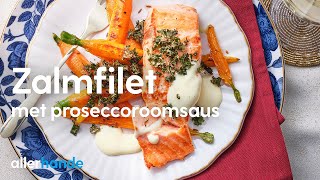 Zalmfilet bakken met proseccoroomsaus en gouden boerenkool  Recept  Allerhande [upl. by Eedrahs198]