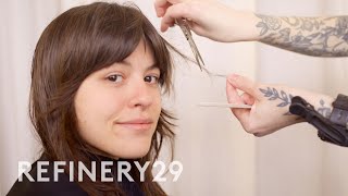 How To Style Bangs For a Smaller Forehead  Hair Me Out  Refinery29 [upl. by Sedicla]