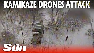 Ukraine kamikaze drones strike Russian trucks burst into flames [upl. by Eile]