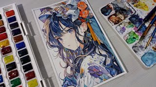 coloring using gouache step by step  anime fanart watercolor painting [upl. by Amek]