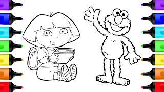 Dora and Elmo Coloring Pages  Dora the Explorer amp Elmo Sesame Street Coloring Book Art Activity [upl. by Sabba356]