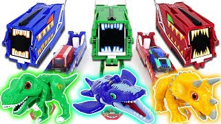 Dino Mecard Green Blue Red Car Shooter Capture and Tiny dinosaurs fire  DuDuPopTOY [upl. by Nnaeitak]