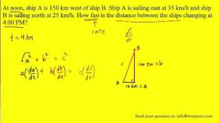 At noon ship A is 150 km west of ship B Ship A is sailing east at 35 kmh and ship B is sailing no [upl. by Ennazor585]