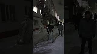 This is my dormitory 800 pm Snow removal around the dormitory with students snow kazakhstan [upl. by Sutelc]