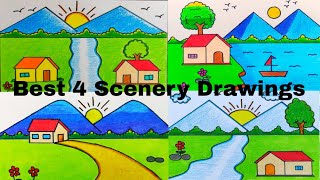 Best 4 Natural scenery drawings  Natural scenery drawing Landscape drawing for beginners easy way [upl. by Jovita]