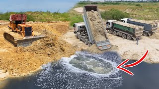 Amazing Dozer KOMATSUD 53 Push Stone amp 25Ton Dump Truck Dumping Stones Land Filling ln Lake [upl. by Alejoa]