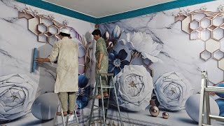 Wallpaper Pasting on Wall Bedroom Design  3D HD Flex Wallpaper waterproof sheets installing on wall [upl. by Anierdna336]