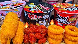 ASMR 3 KINDS OF NOODLES  SPICY FRIED CHICKEN ONION RINGS CORN DOGS MASSIVE Eating Sounds [upl. by Nitaf]