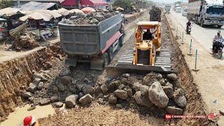 Amazing Heavy Komatsu Bulldozer push soil and Hyundai Dump Trucks dumping soil build road foundation [upl. by Rockwell]