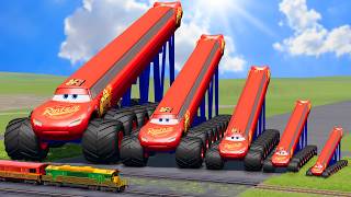 Big amp Small Long amp Tall Lightning Mcqueen with Monster Truck Wheels vs Trains  BeamNGDrive [upl. by Salome]