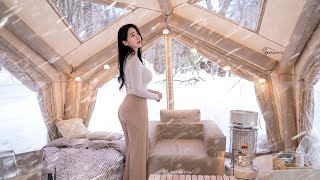 COZY CAMPING IN AN AIR TENT COVERED IN SNOW  CAMP ASMR [upl. by Conlin]