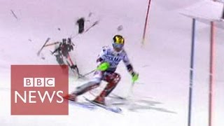 Drone narrowly misses skier Marcel Hirscher during slalom race  BBC News [upl. by Rebmaed]