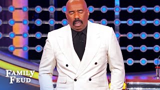 Steve Harvey throws his card at answer 5 [upl. by Dnomyar145]