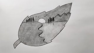 How to draw a simple landscape creative drawing idea landscape drawing on a leaf [upl. by Brause]