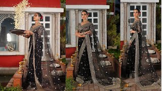 Qalamkar سنگھار Net Embroidered Unstitched Saree MINHA RF08 [upl. by Barrett]