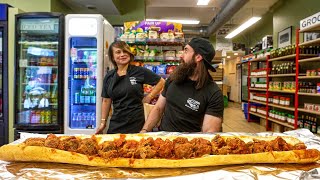 WIN 50 CASH IF YOU CAN FINISH THIS GIANT MEATBALL SUB IN CHICAGO  BeardMeatsFood [upl. by Novahc]