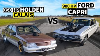 Aussie Burnout Cars Drag Race 850hp Holden VK Calais vs 900hp Ford Capri [upl. by Uuge]