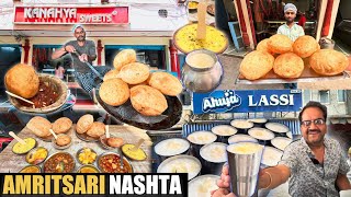 Best Breakfast in Amritsar  Desi Ghee Poori Cholley  Ahuja Amritsari Lassi  Amritsar Street Food [upl. by Gnaw]