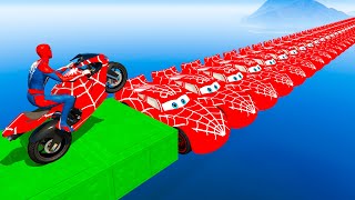 SPIDERMAN Rides a Motorcycle on the Spider McQueen Bridge in GTA 5 Spider Shark Jumps [upl. by Luahs]