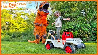 Catching pet dinosaur with Jurassic Park Power Wheels truck TRex Educational  Kid Crew [upl. by Salahi]