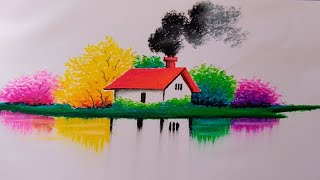 How to draw a landscape for beginnersBeautiful landscape drawing with oil pastel [upl. by Ardnaxela]