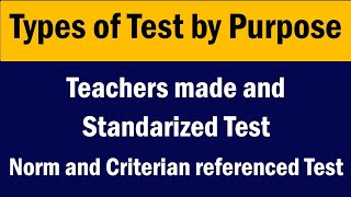 Types of test by Purpose  Teacher made and standardized test Norm and Criterian referenced test [upl. by Egor]