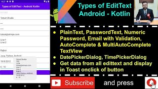 Types of EditText Android  AutoComplete amp MultiAuto TextView Date amp Time Picker Email Validation [upl. by Nagirrek587]