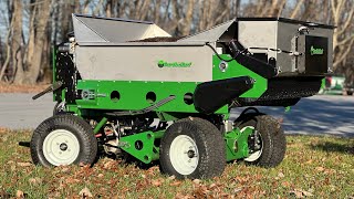 Earth amp Turf Stand On Topdresser Aerator Drop Seeder Short Action Video of Turf Renovation [upl. by Annahsirhc]