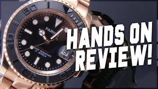 Parnis Yachtmaster Rose Gold HandsOn Review Rolex Yachtmaster Homage [upl. by Eesak]