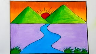 Very Easy Nature Scenery Drawing  How to draw simple scenery  Nisarg Chitra  Prakritik Drishya [upl. by Jobye539]