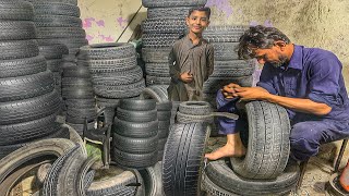 Restoration Of Old Used Tyres Grips  Tyres Grips Cutting Video Tyres Regrooving [upl. by Aspa]