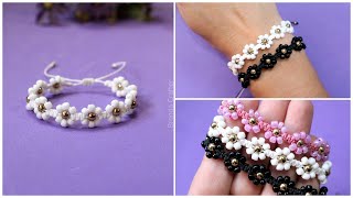 PULSERA fácil DE FLORES con hilo y mostacillaschaquiras ✿Tutorial [upl. by Mommy]