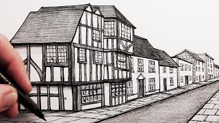 How to Draw Buildings in Detail A Street in OnePoint Perspective [upl. by Teufert]