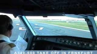 Cockpit Lufthansa Airbus A340600 taking off at Frankfurt EDDF [upl. by Marka]